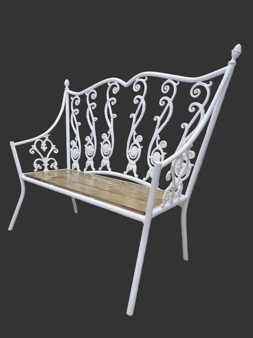 Antique Victorian Colonial Style White Wrought Iron Bench - 2