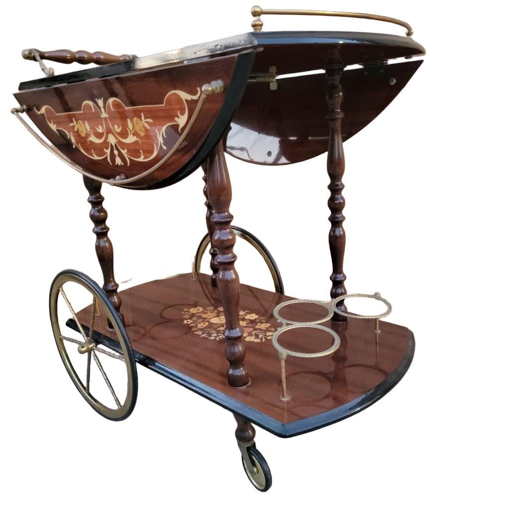 Vintage Italian Marquetry Two Tier Drop-Leaf Bar Cart - 2