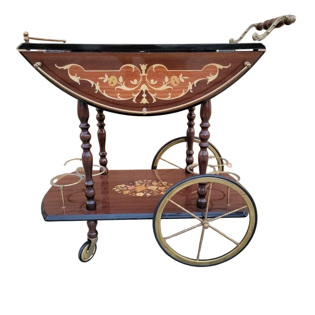 Vintage Italian Marquetry Two Tier Drop-Leaf Bar Cart - 5
