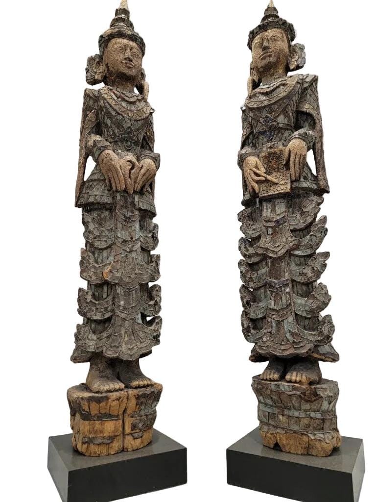 Antique Burmese Carved Colored Glass Monastic Sculptures- Set of 2 - 4