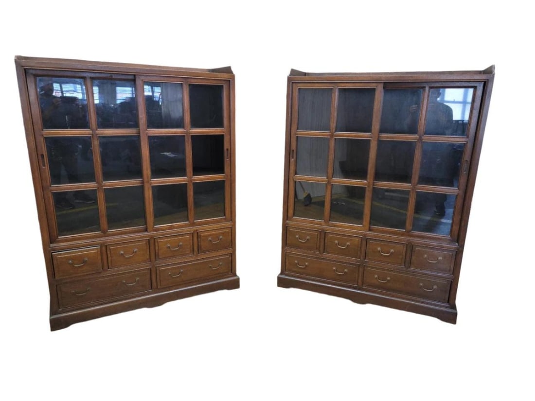 Vintage Chinese Sliding Door Elm Display Cabinet - Pair - 2