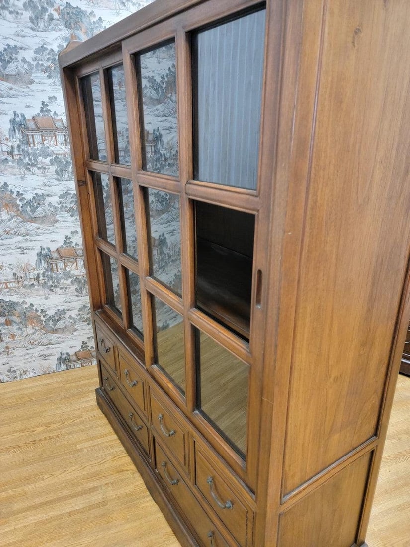 Vintage Chinese Sliding Door Elm Display Cabinet - Pair - 7