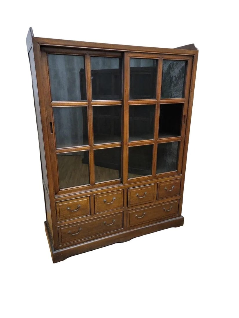 Vintage Chinese Sliding Door Elm Display Cabinet - Pair - 9