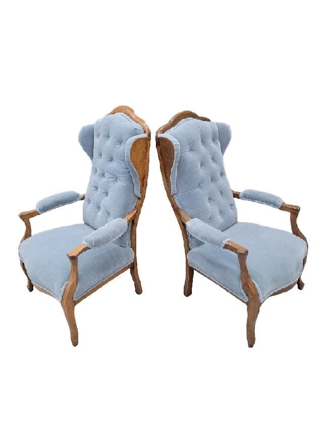 Vintage French Country Style Wingback Chairs Newly Reupholstered - Pair - 3