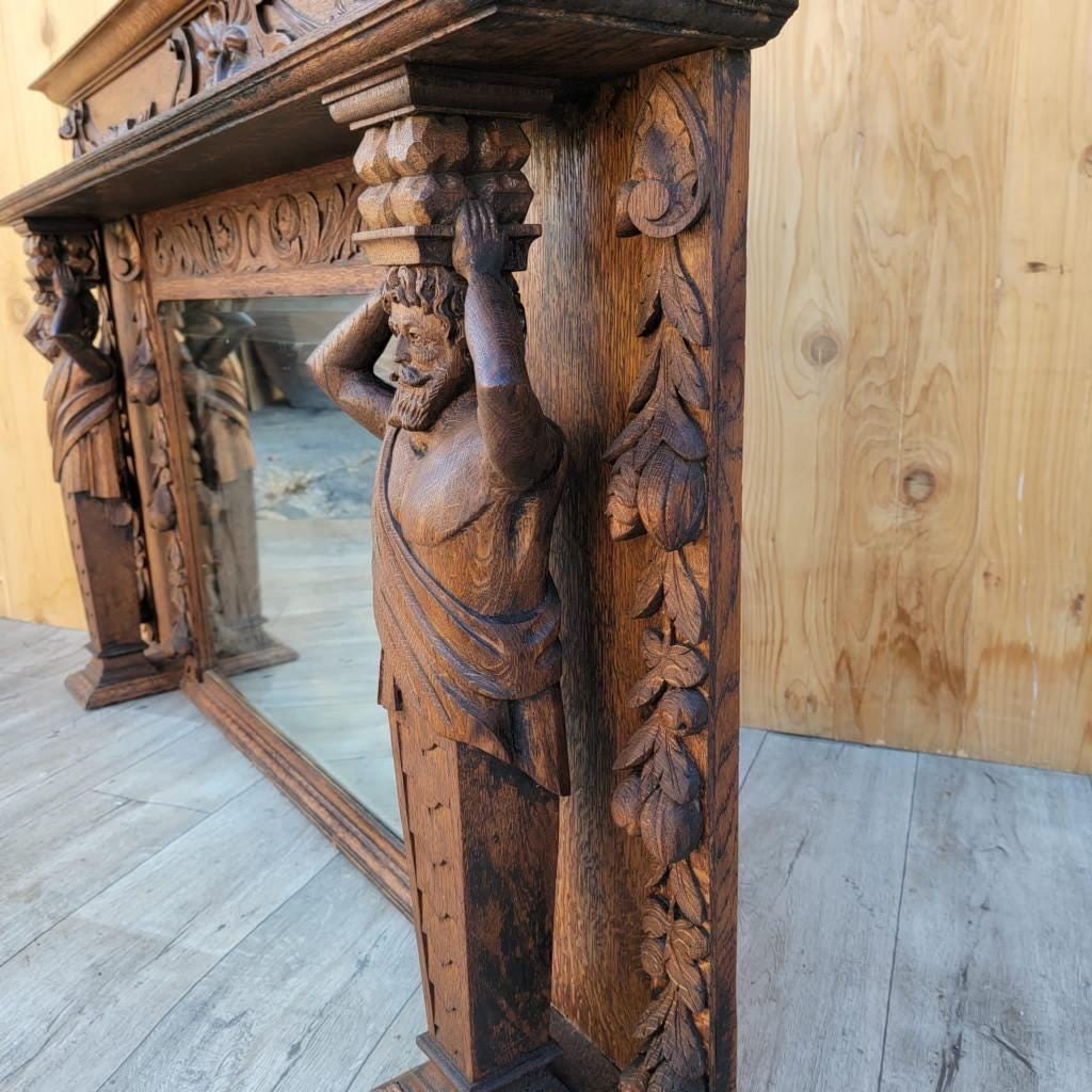 Antique Neoclassical Carved Figural Quarter-Sawn Fireplace Mantel Mirror Topper - 10