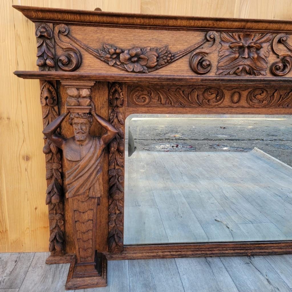 Antique Neoclassical Carved Figural Quarter-Sawn Fireplace Mantel Mirror Topper - 3