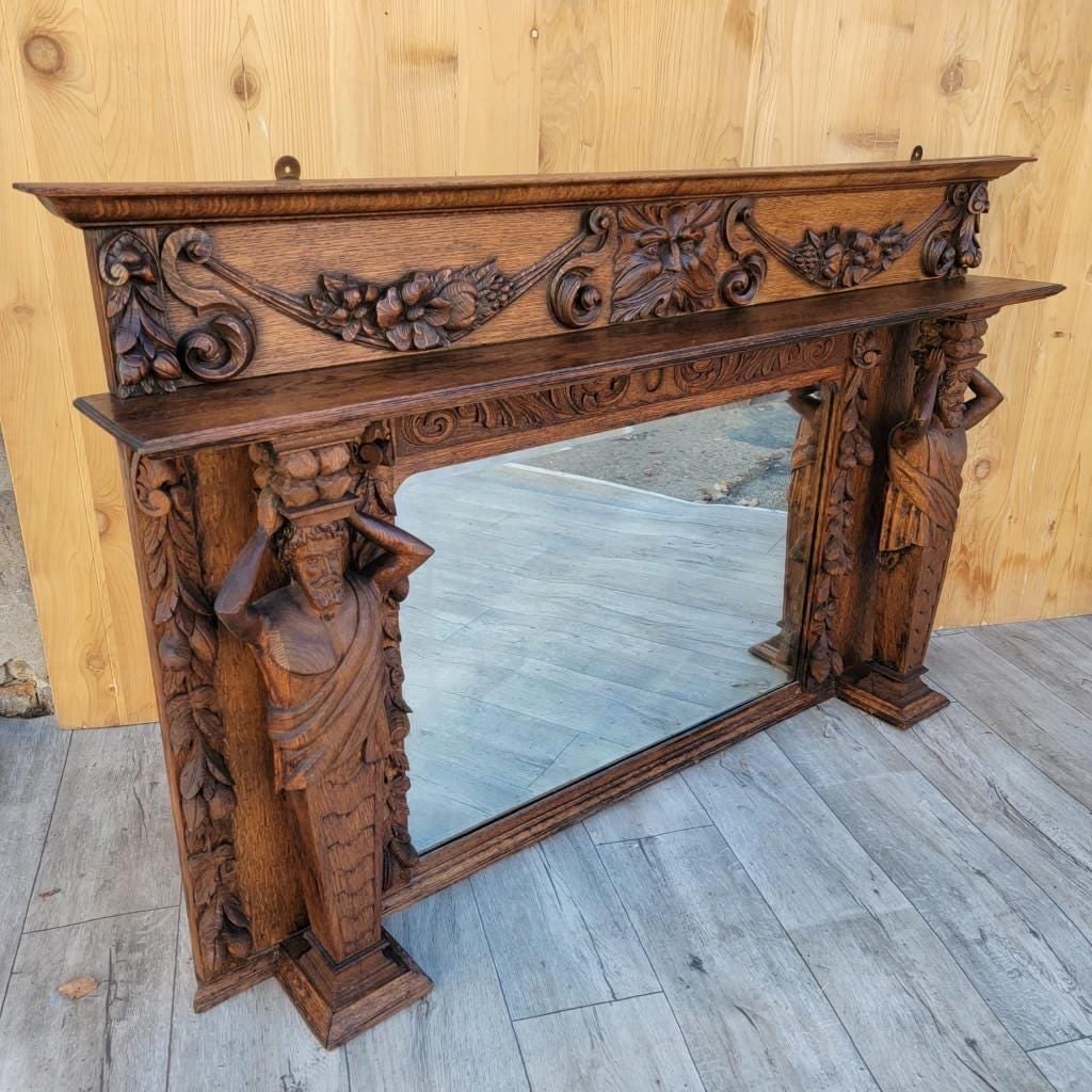 Antique Neoclassical Carved Figural Quarter-Sawn Fireplace Mantel Mirror Topper - 7