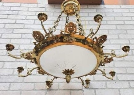 Antique French Empire Ornate Brass 4 Light Electrified Etched Glass Bowl Candelabra Chandelier - 4