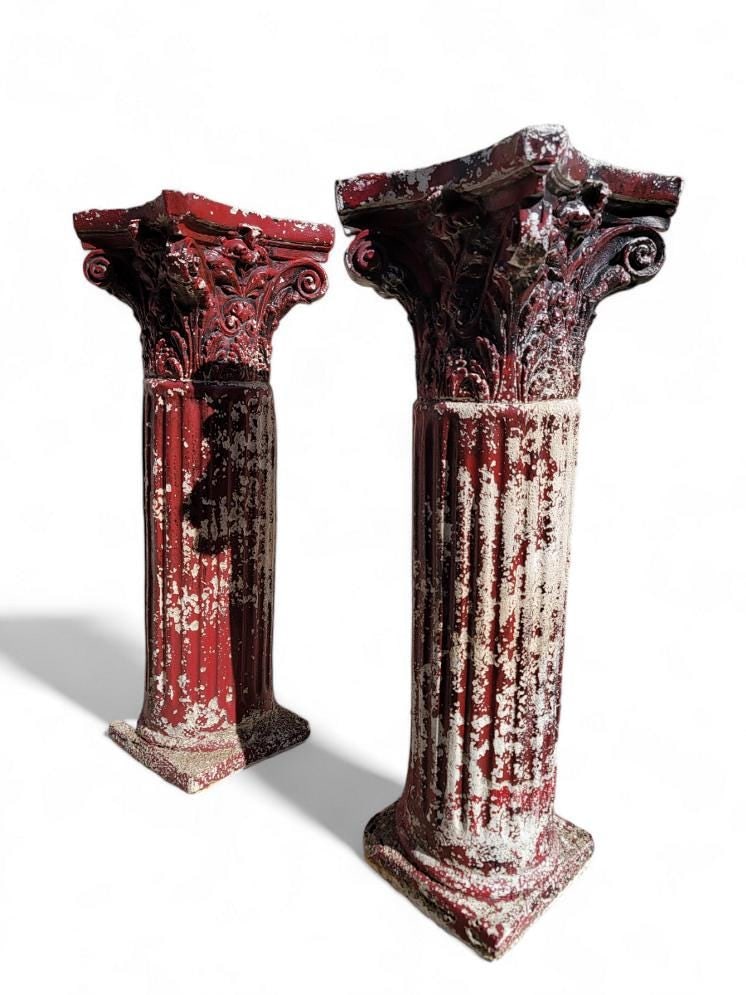 Vintage Red Corinthian Column Pedestals Stand - Pair - 2