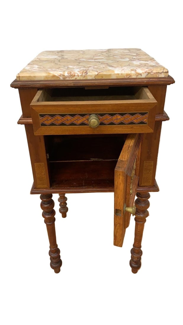 Antique French Carved Ornate Marble Top Smoking Storage Table - 2