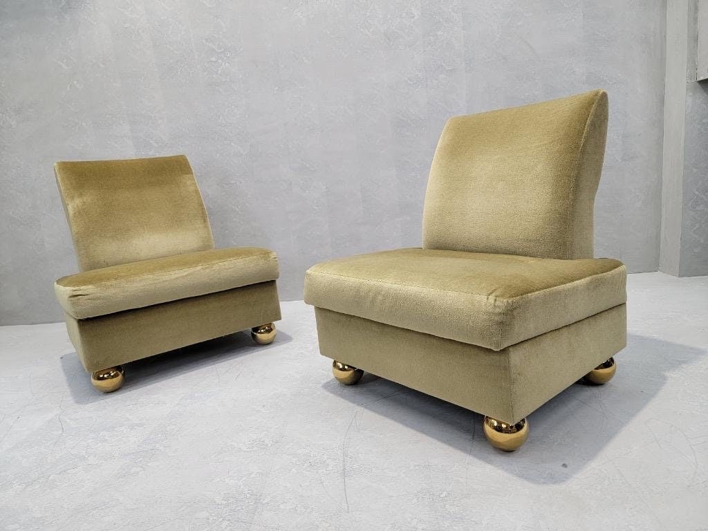 Vintage Gold Mohair Slipper Chairs with Brass Ball Feet - Set of 4 - 3