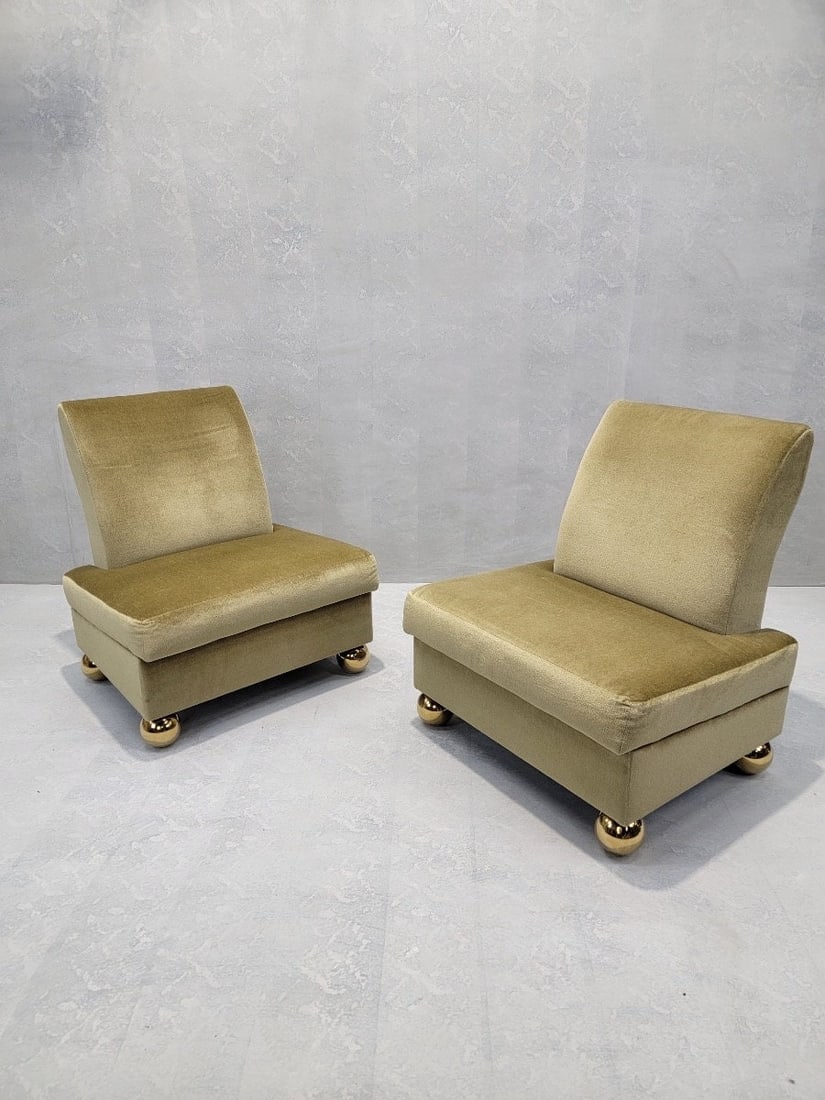 Vintage Gold Mohair Slipper Chairs with Brass Ball Feet - Set of 4 - 4