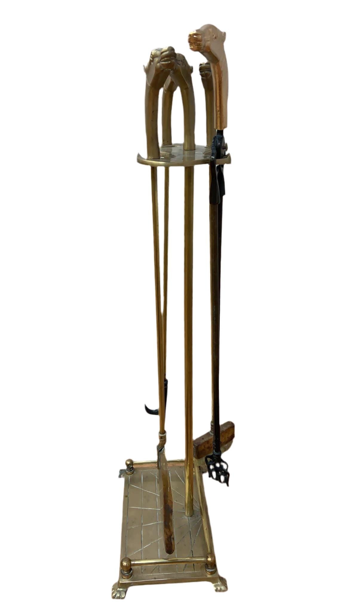 Vintage French Neoclassical Style Brass Horses Head Fireplace Tools - 2