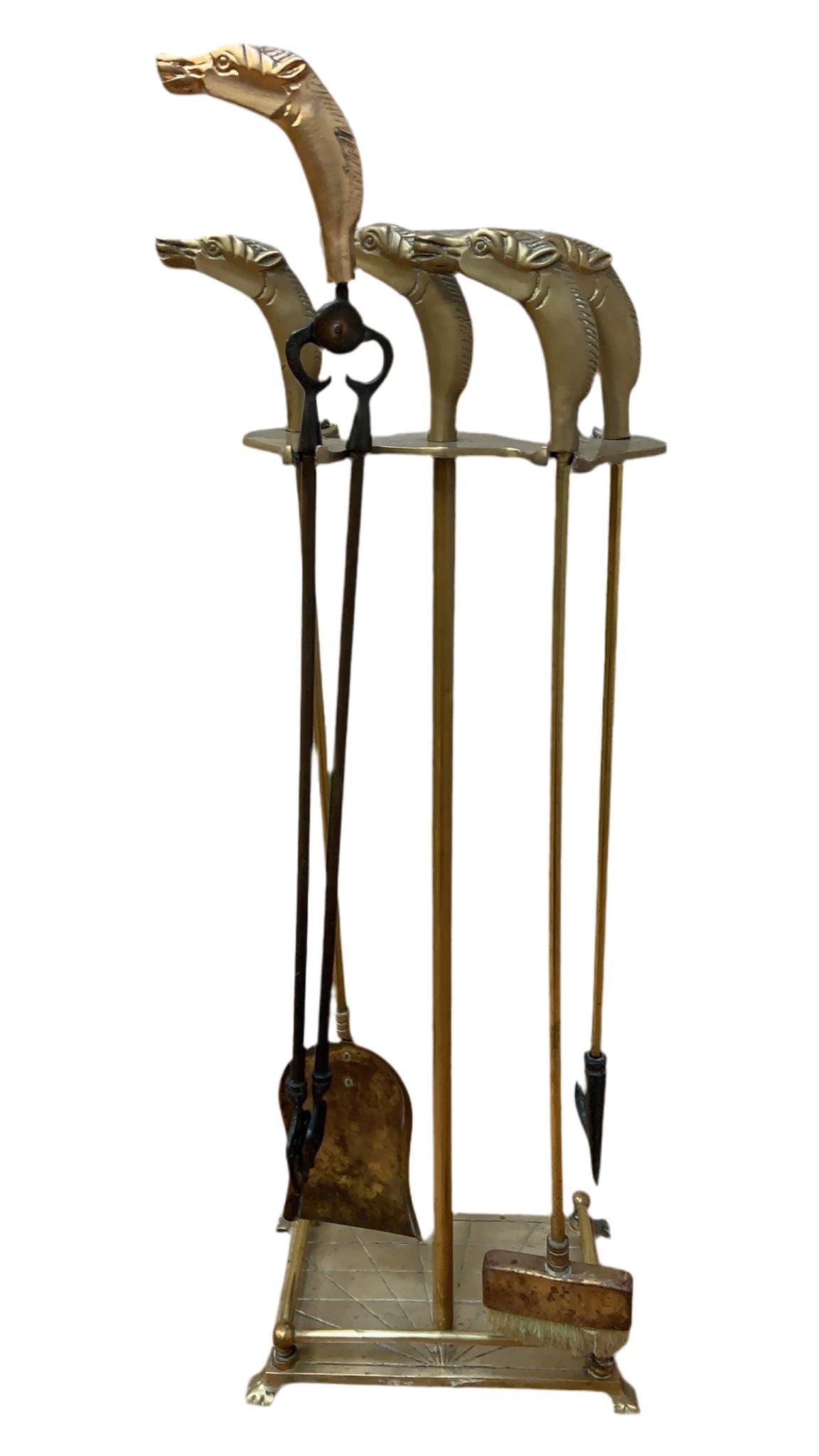 Vintage French Neoclassical Style Brass Horses Head Fireplace Tools - 4