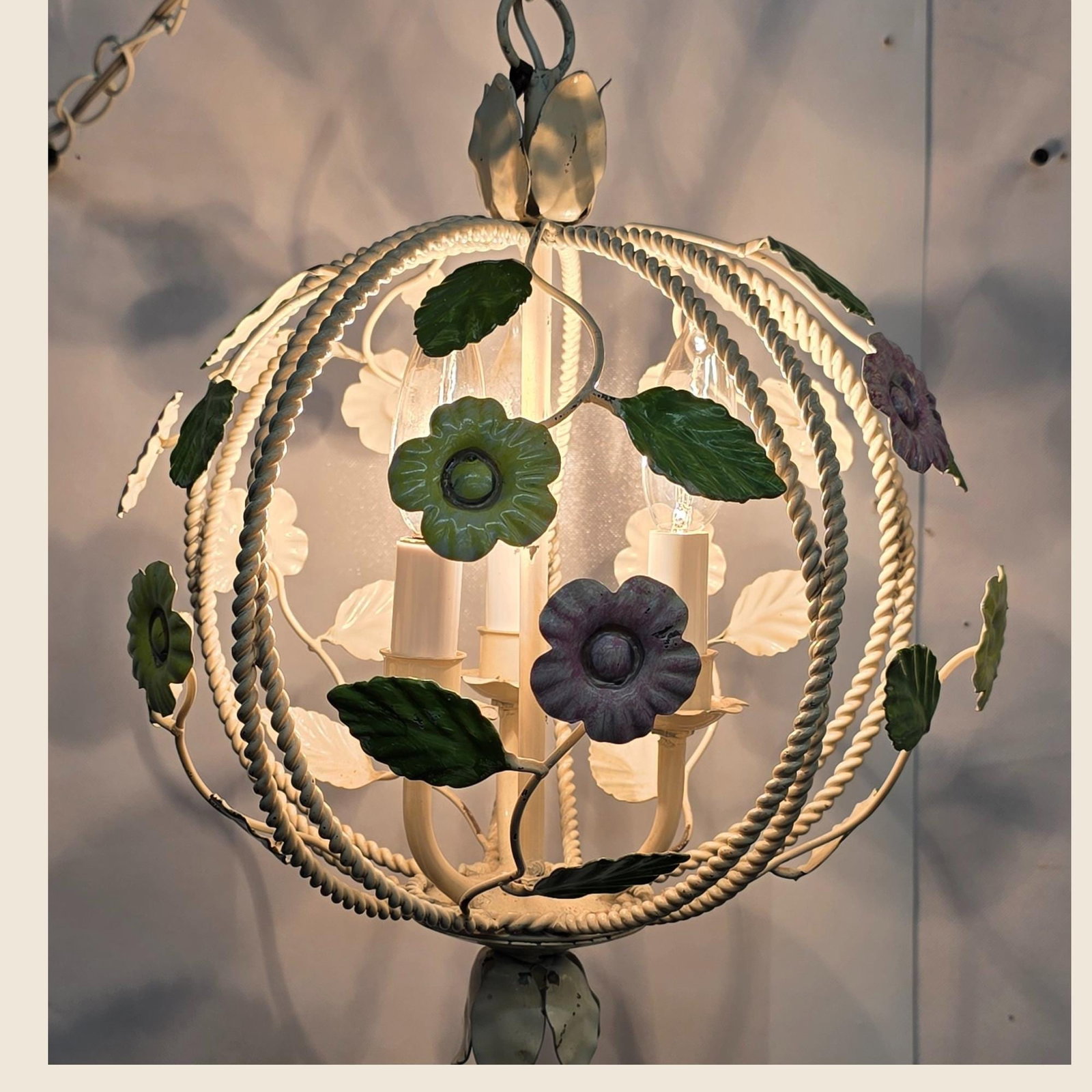 Vintage Italian Tole Chandelier, Pastel Flower Swag Lamp, Plug-In Pendant Light, Cottagecore Floral - 2