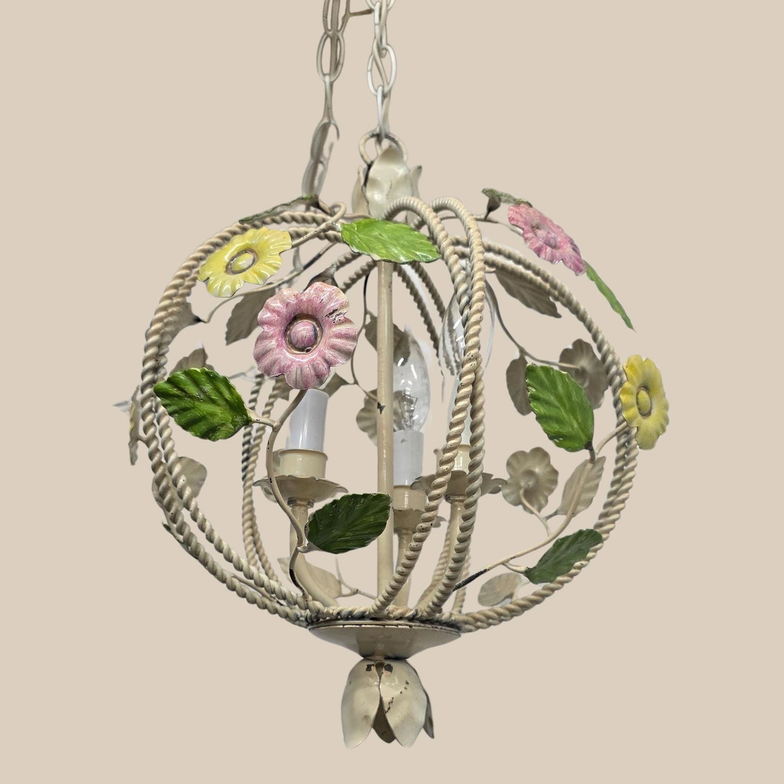 Vintage Italian Tole Chandelier, Pastel Flower Swag Lamp, Plug-In Pendant Light, Cottagecore Floral - 3