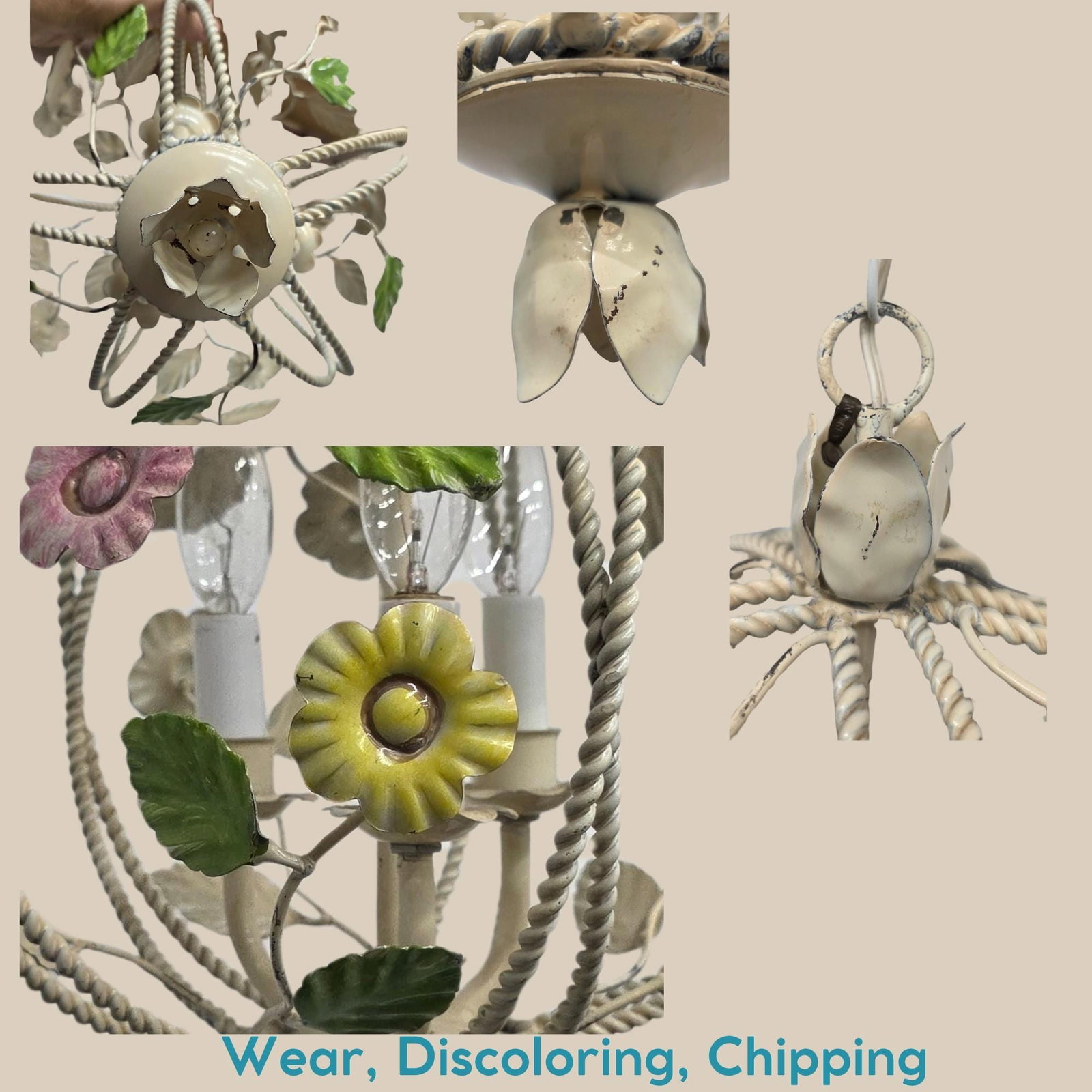 Vintage Italian Tole Chandelier, Pastel Flower Swag Lamp, Plug-In Pendant Light, Cottagecore Floral - 4