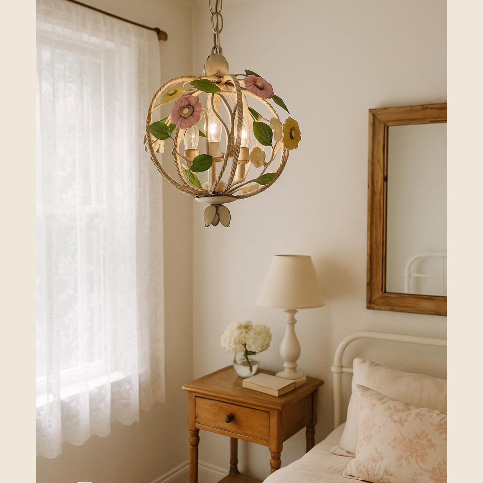 Vintage Italian Tole Chandelier, Pastel Flower Swag Lamp, Plug-In Pendant Light, Cottagecore Floral - 7