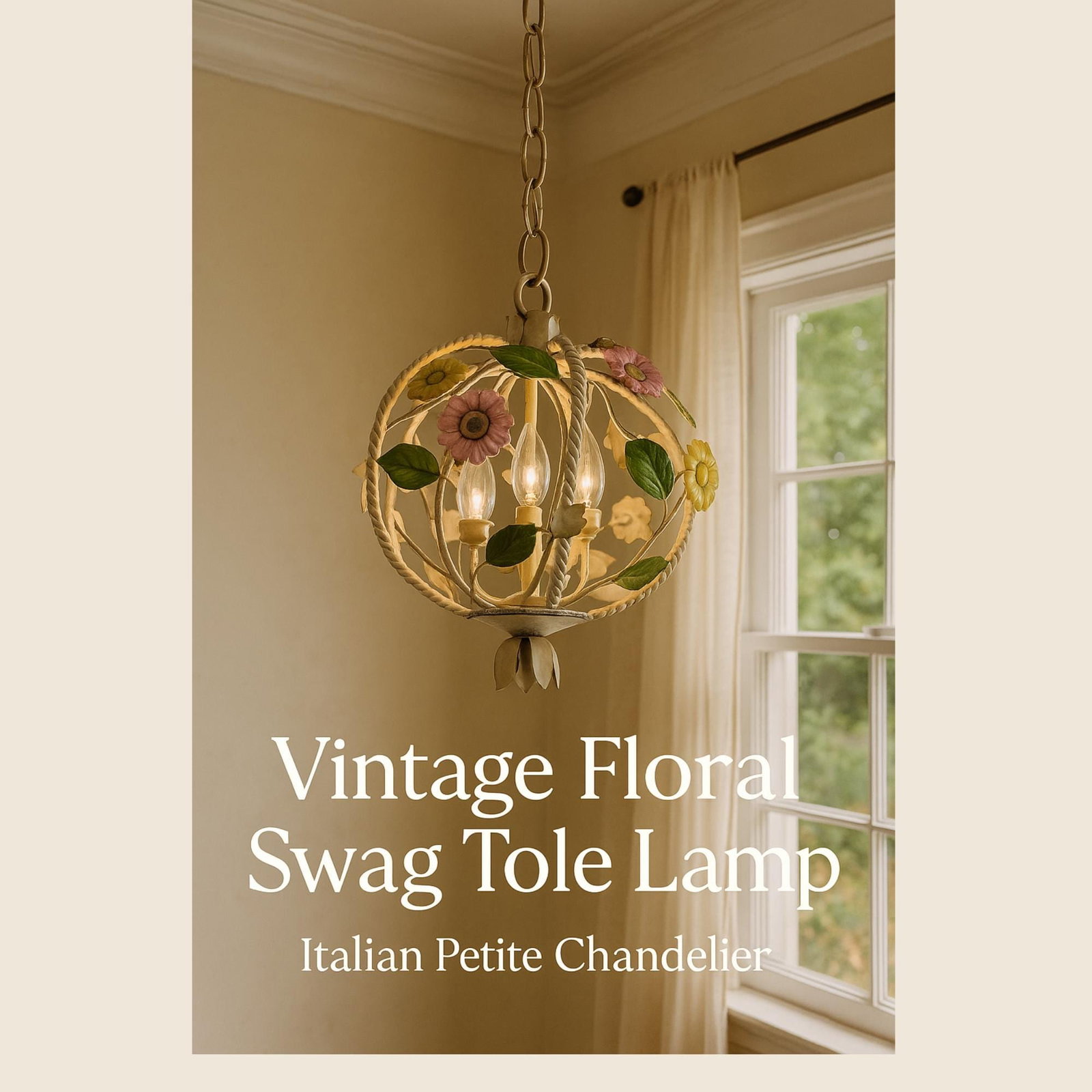 Vintage Italian Tole Chandelier, Pastel Flower Swag Lamp, Plug-In Pendant Light, Cottagecore Floral - 8