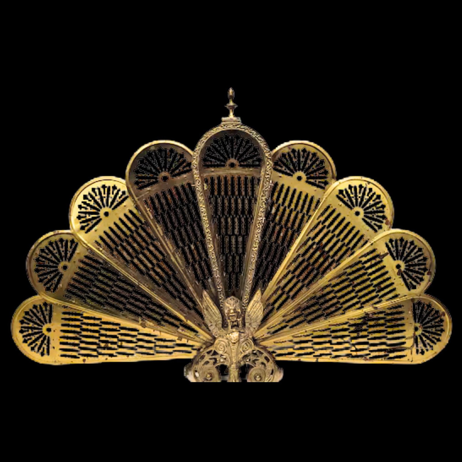 Vintage Brass Peacock Fireplace Fan Screen w/ Winged Dragon Hollywood Regency Gothic Fire Screen (1 of 8)