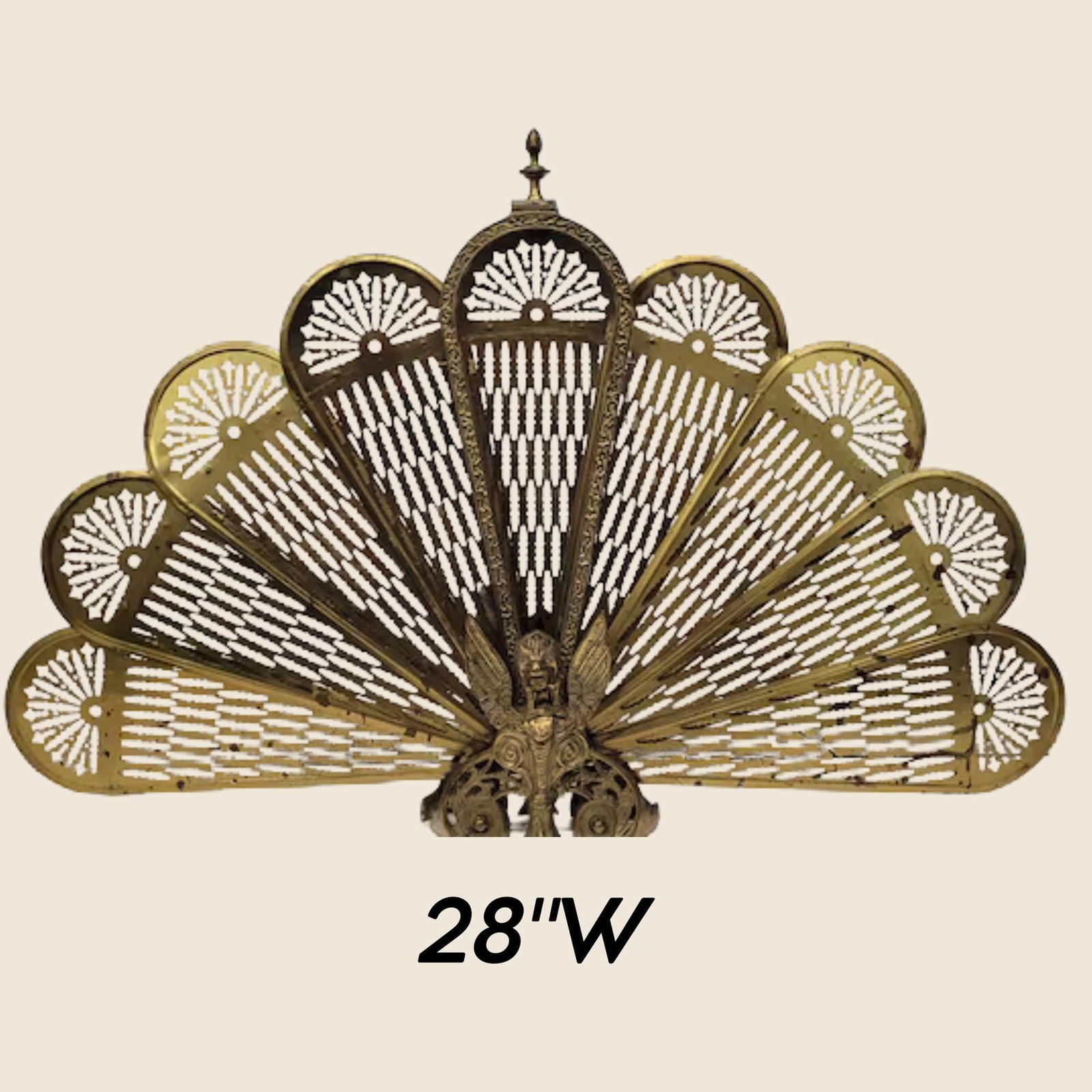 Vintage Brass Peacock Fireplace Fan Screen w/ Winged Dragon Hollywood Regency Gothic Fire Screen - 2