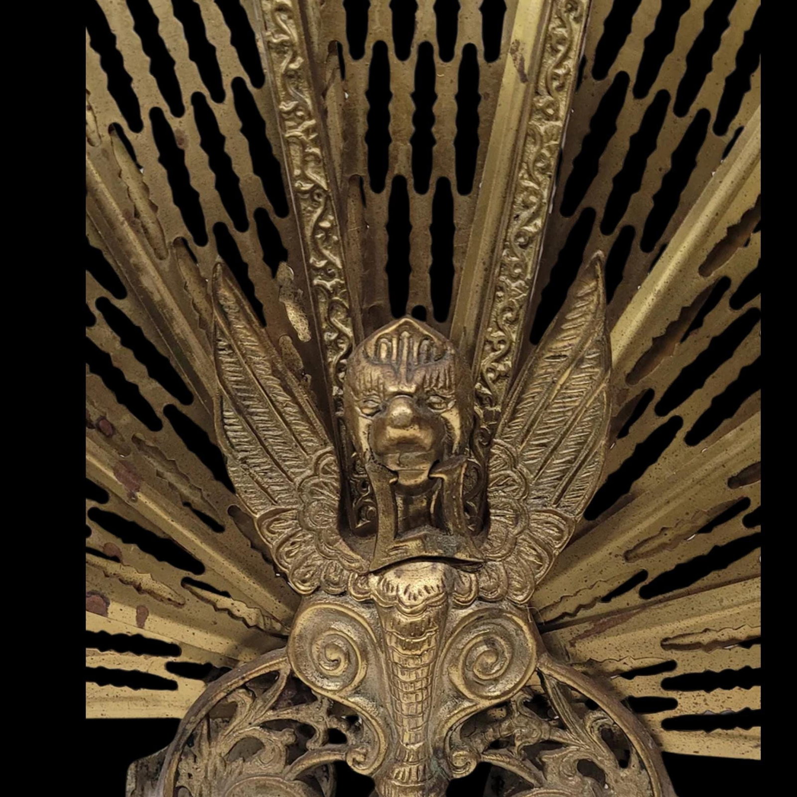 Vintage Brass Peacock Fireplace Fan Screen w/ Winged Dragon Hollywood Regency Gothic Fire Screen - 3