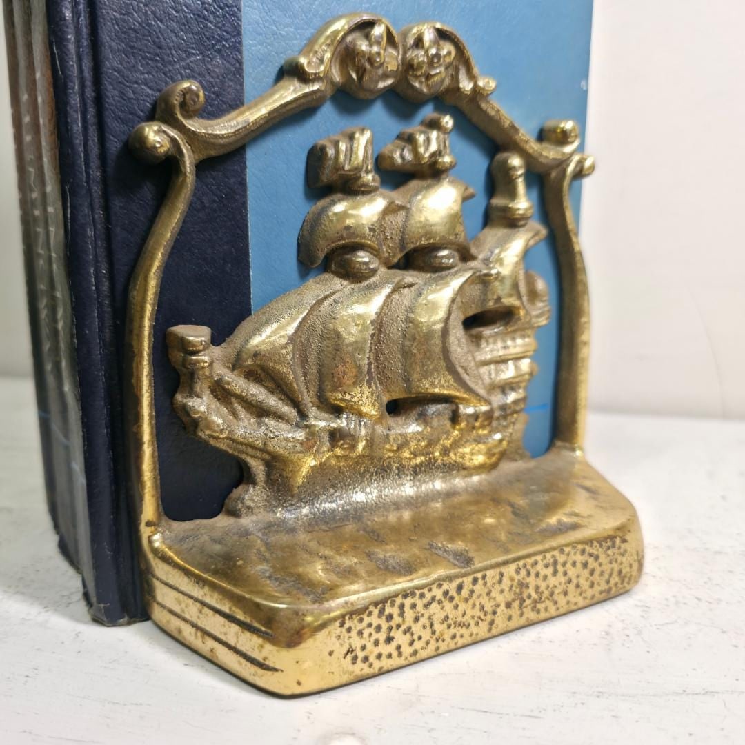 Vintage Brass Ship Bookends Pair Nautical Sailing Galleon Coastal Library Decor Traditional Study - 14