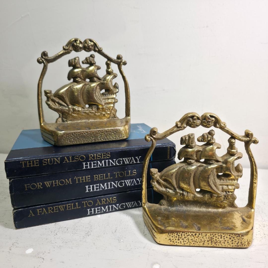 Vintage Brass Ship Bookends Pair Nautical Sailing Galleon Coastal Library Decor Traditional Study - 15