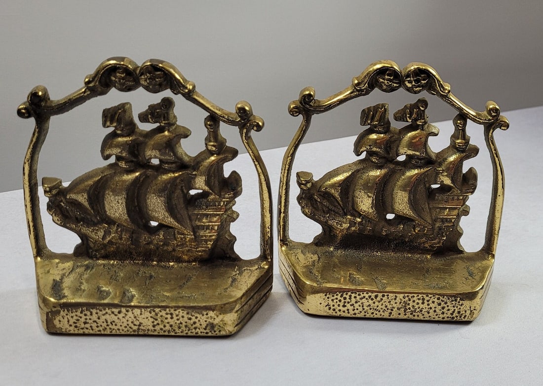 Vintage Brass Ship Bookends Pair Nautical Sailing Galleon Coastal Library Decor Traditional Study - 2