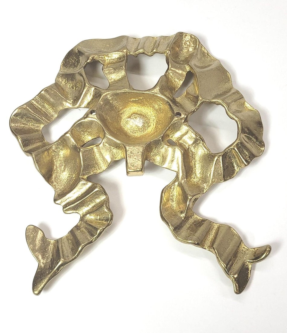 Vintage Gilded Brass Ribbon Bow Wall Hook: French Rococo Hollywood Regency Towel Holder - 7