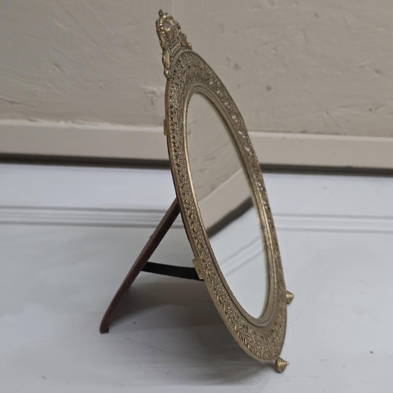 Gilt Brass Vanity Mirror, Crown Crest Filigree Frame, Tabletop Easel Stand - 2