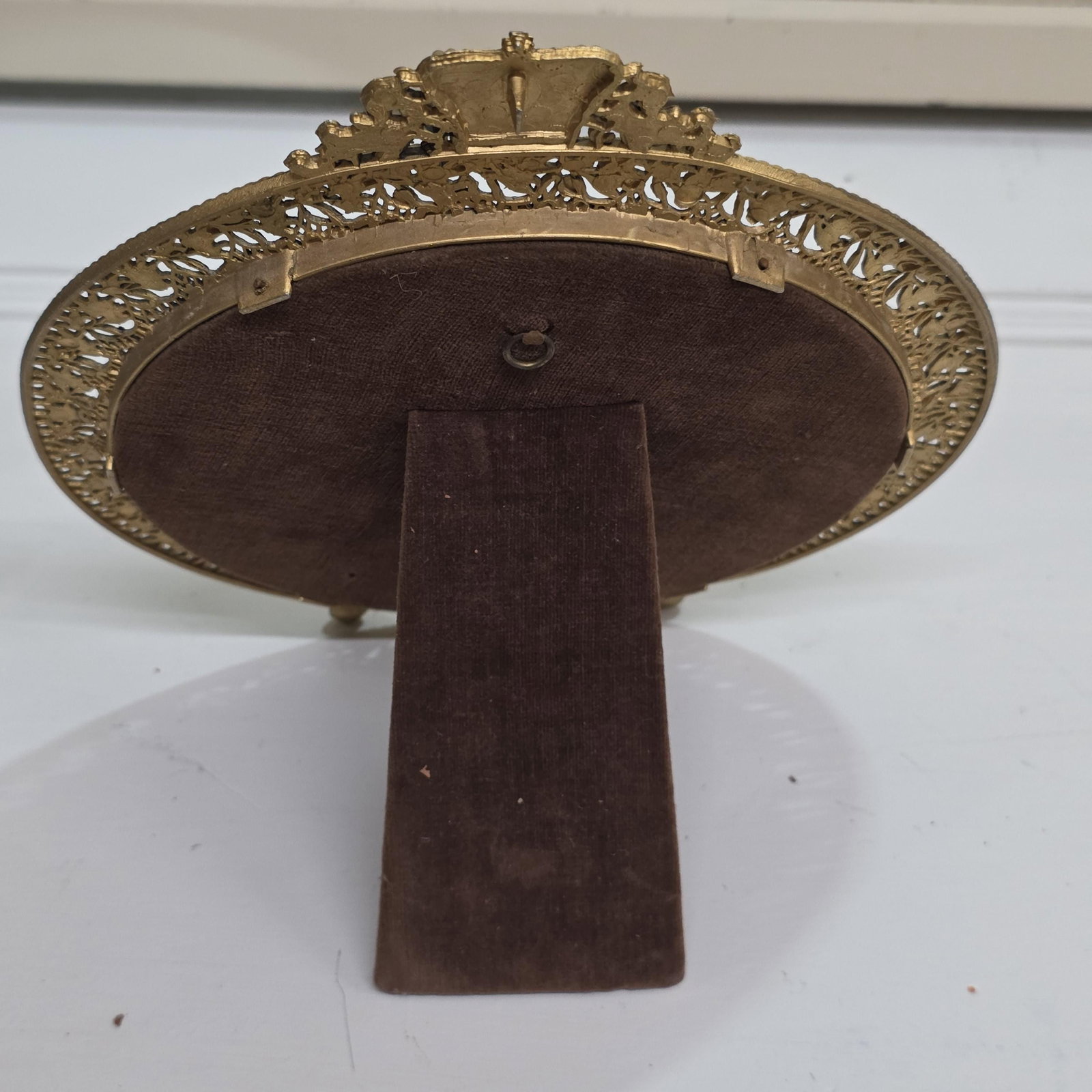 Gilt Brass Vanity Mirror, Crown Crest Filigree Frame, Tabletop Easel Stand - 7