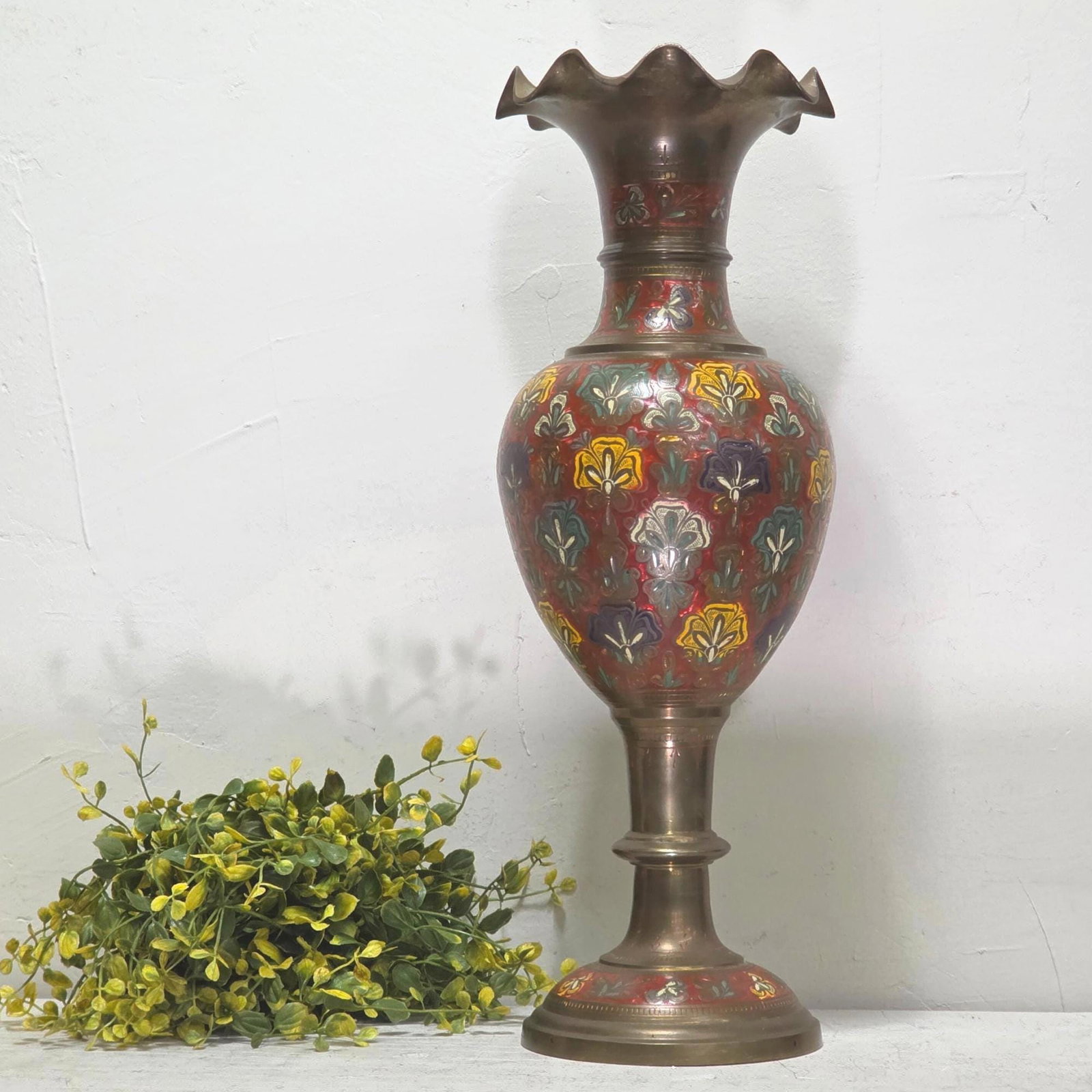 Vintage Etched Brass Floor Vase 17” Scalloped Red Floral Boho MCM Pedestal: Title: Vintage Etched Brass Floor Vase 17” Scalloped Red Floral Boho MCM Pedestal Description: A tall, vintage brass pedestal vase with etched floral panels and rich red painted accents, finishe