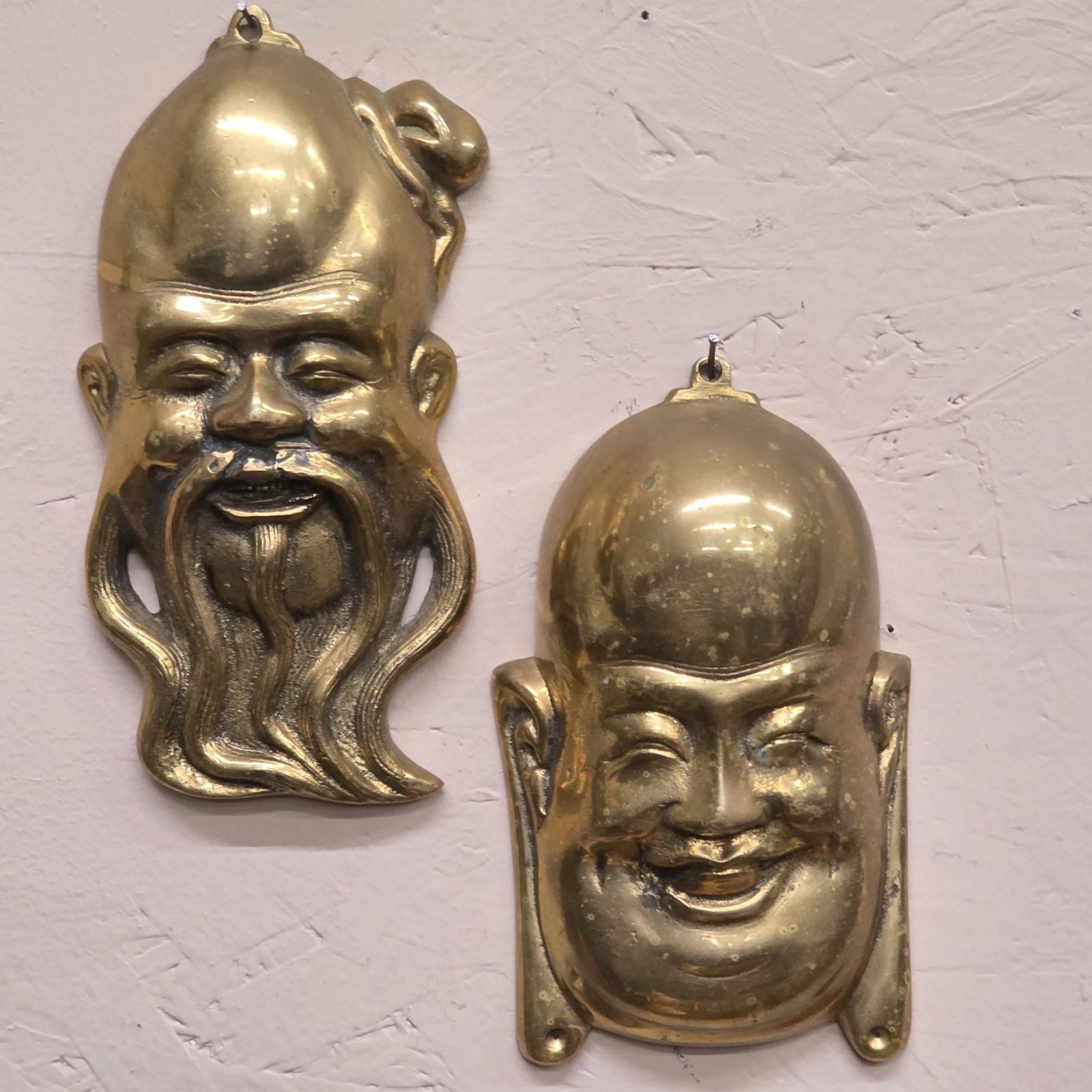 Vintage Brass Wall Masks Set of 2, Asian Metal Hanging Plaques, Smiling & Bearded Faces, Chinoiserie - 7