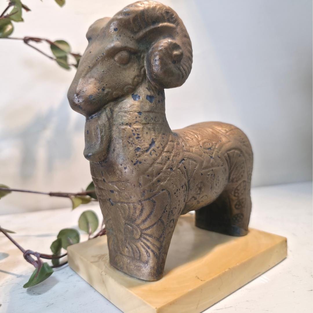 Vintage Mid Century Ram Sculpture on Stone Base Bronze Finish Ceramic Animal Figurine |Modernist (1 of 12)