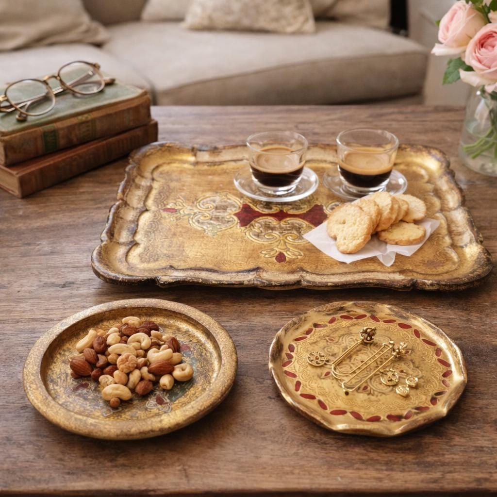 Vintage Italian Florentine Gilt Trays Set 3 Hollywood Regency Bar Cart Vanity Decor - 12