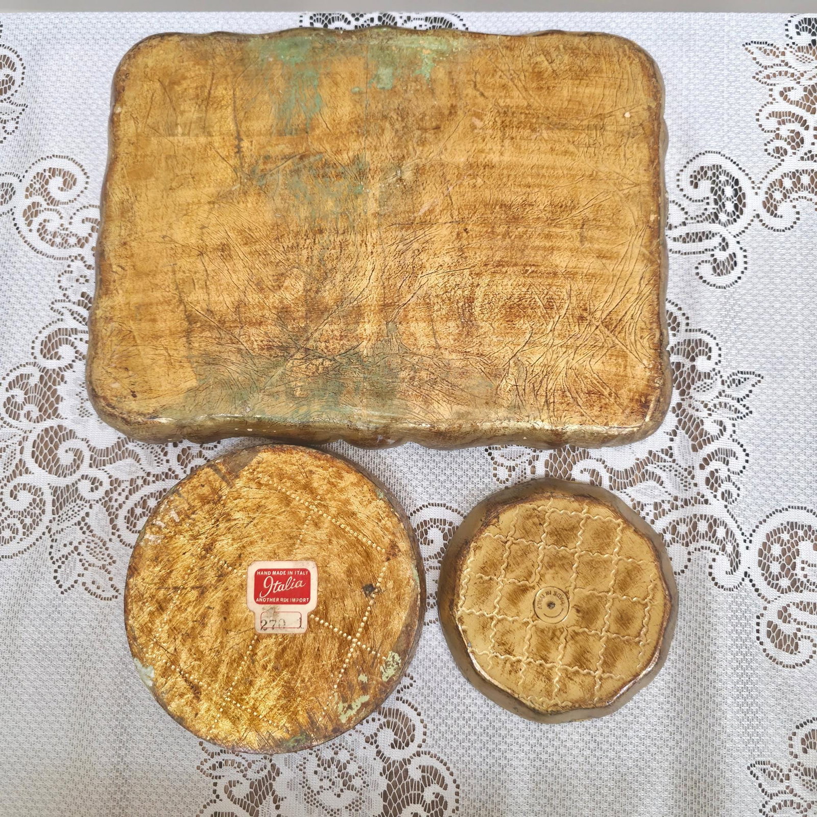 Vintage Italian Florentine Gilt Trays Set 3 Hollywood Regency Bar Cart Vanity Decor - 2