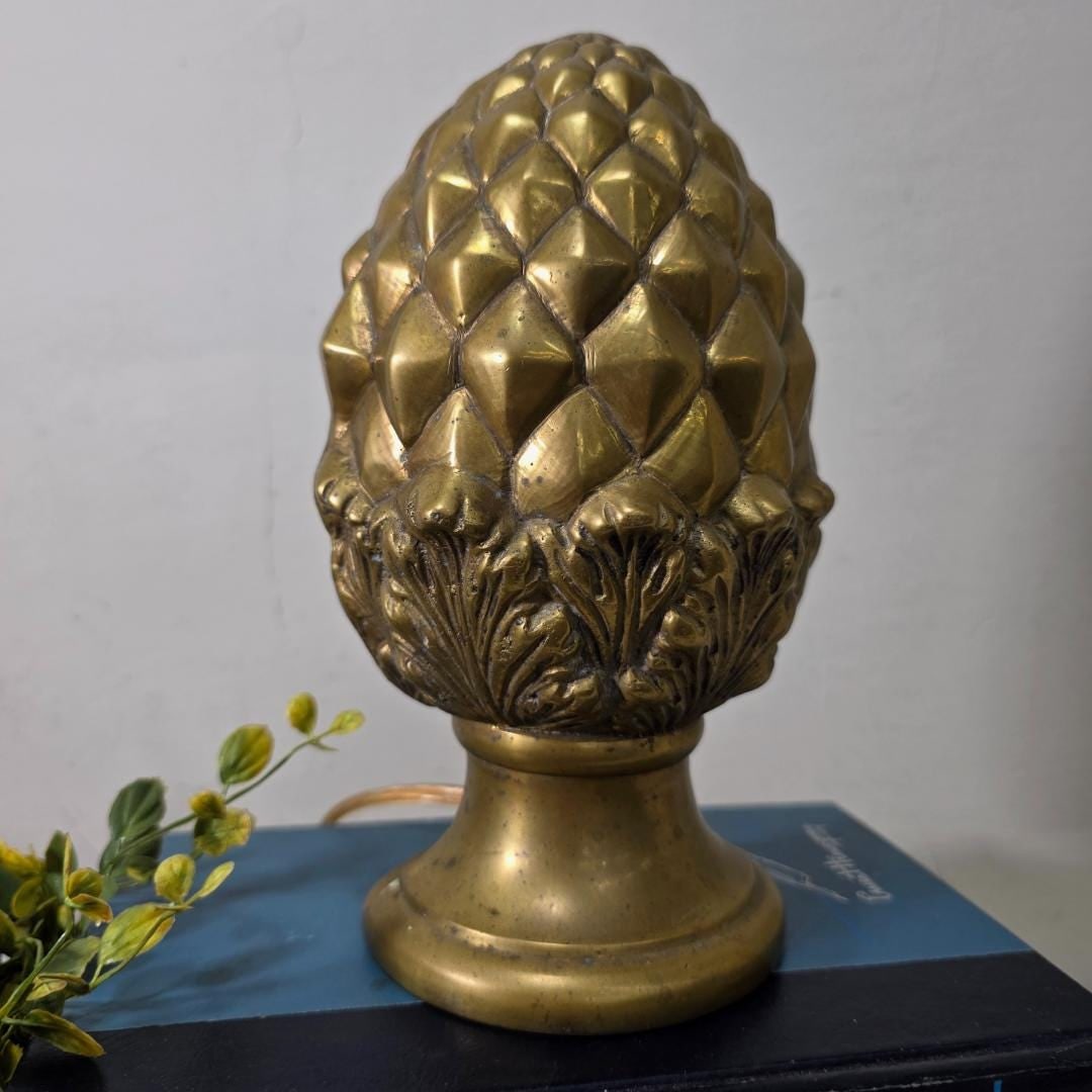 Vintage Solid Brass Pinecone Table Lamp, Small Accent/Bedside Light, Candelabra Bulb, Inline Cord - 3
