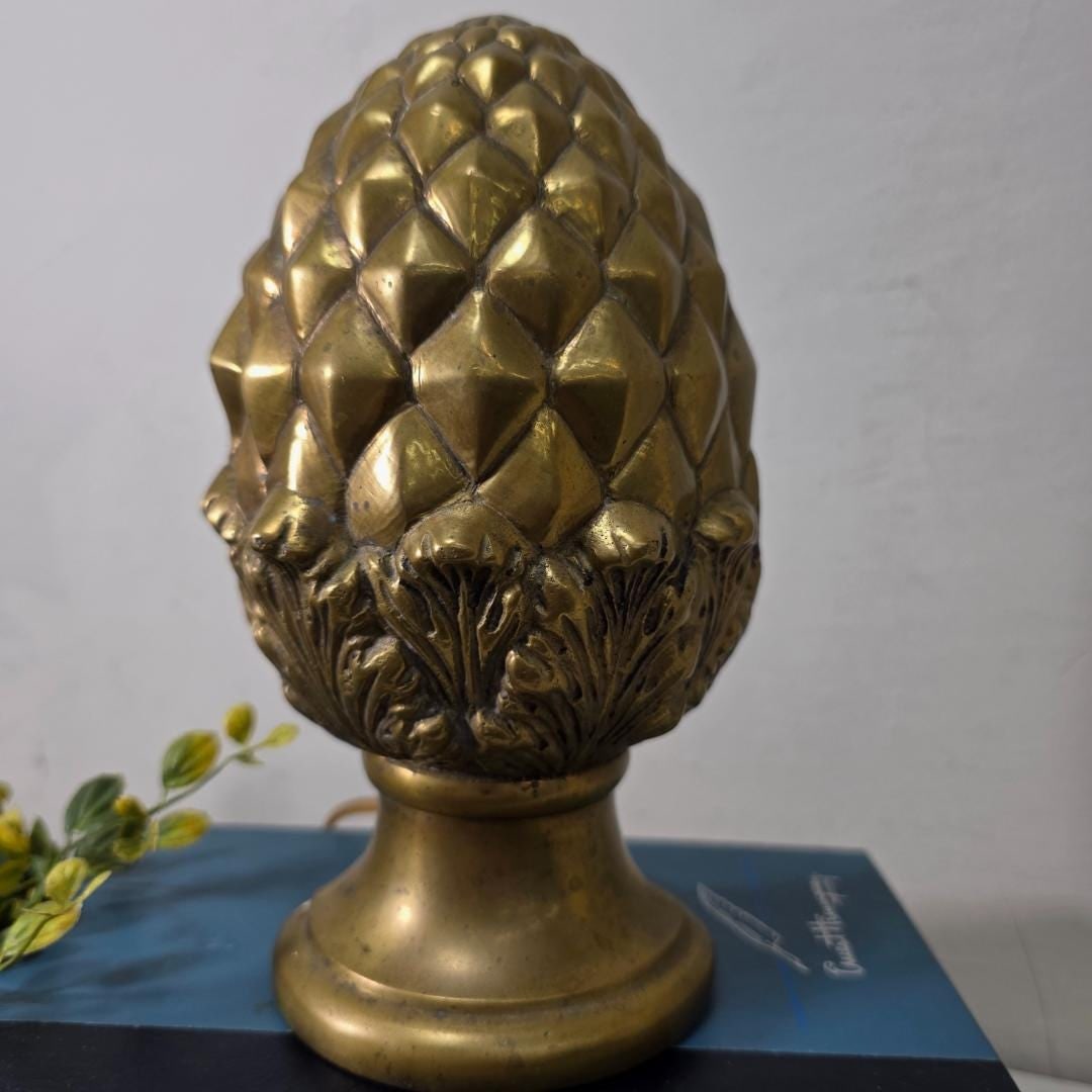 Vintage Solid Brass Pinecone Table Lamp, Small Accent/Bedside Light, Candelabra Bulb, Inline Cord - 8
