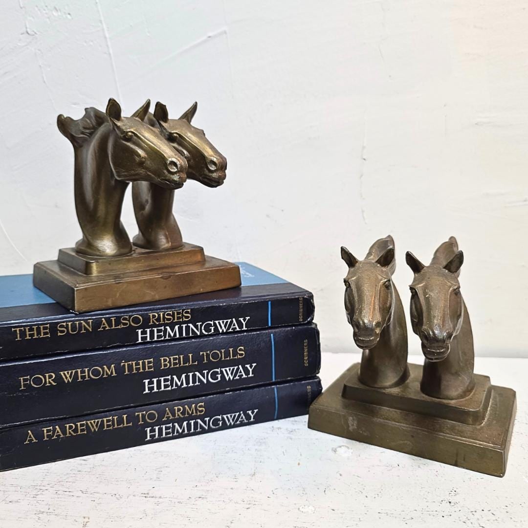 Vintage Brass Horses Bookends Set of 2 Headed Bust Sculptural holders Art Deco signed Frankart twin - 10