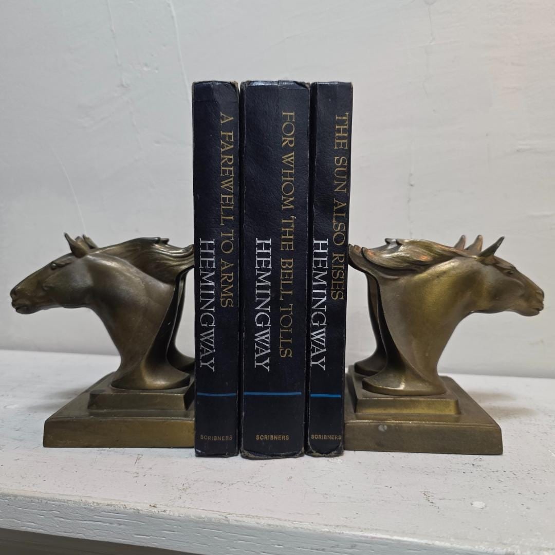 Vintage Brass Horses Bookends Set of 2 Headed Bust Sculptural holders Art Deco signed Frankart twin - 12