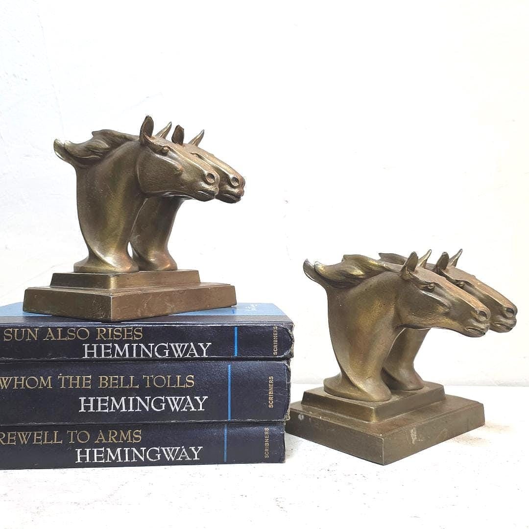 Vintage Brass Horses Bookends Set of 2 Headed Bust Sculptural holders Art Deco signed Frankart twin (1 of 13)