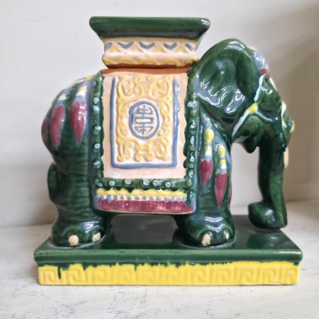 Vintage Chinoiserie Ceramic Elephant Planter Candle Holder, Green Glazed Pottery, Hollywood Regency - 11