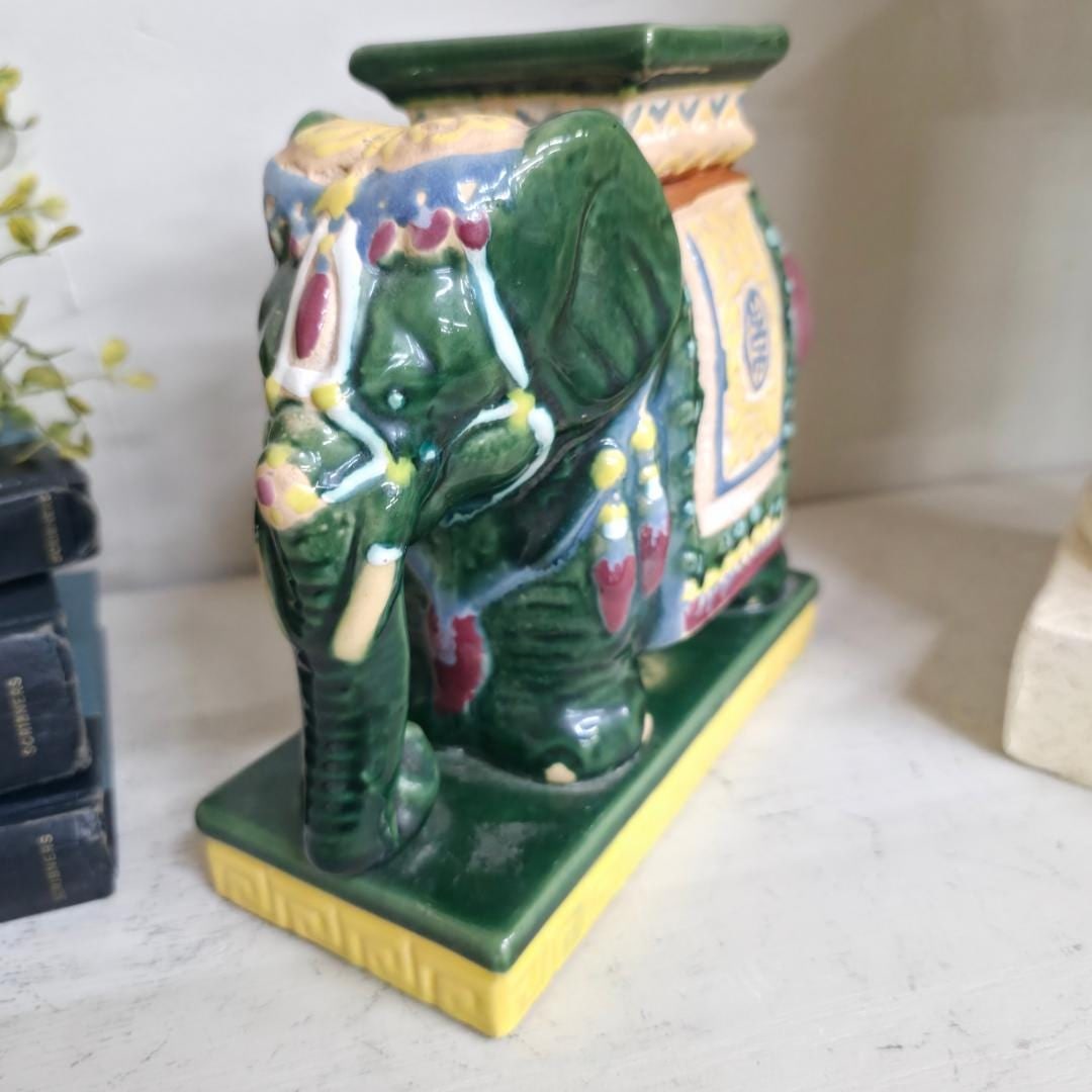 Vintage Chinoiserie Ceramic Elephant Planter Candle Holder, Green Glazed Pottery, Hollywood Regency - 15