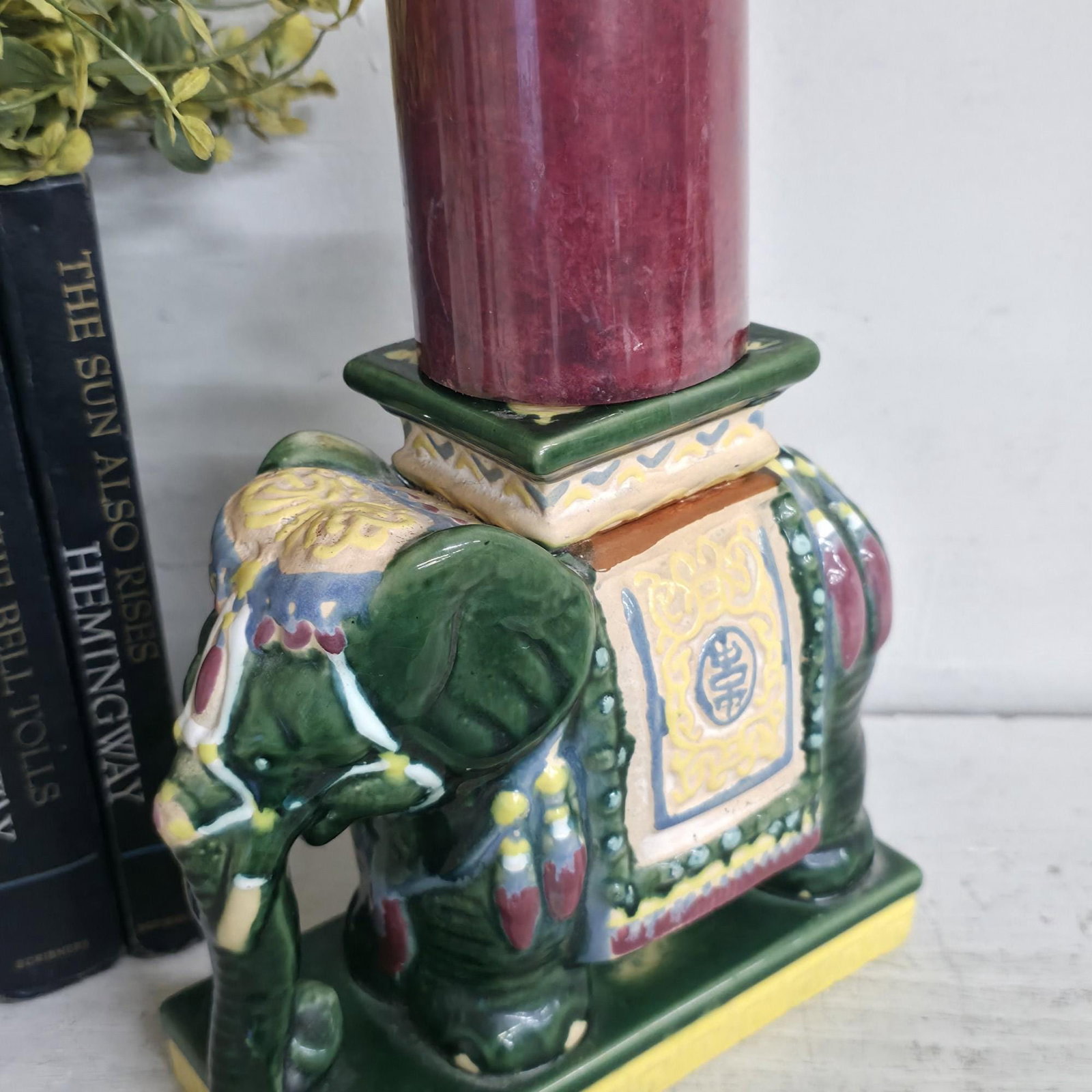 Vintage Chinoiserie Ceramic Elephant Planter Candle Holder, Green Glazed Pottery, Hollywood Regency - 2