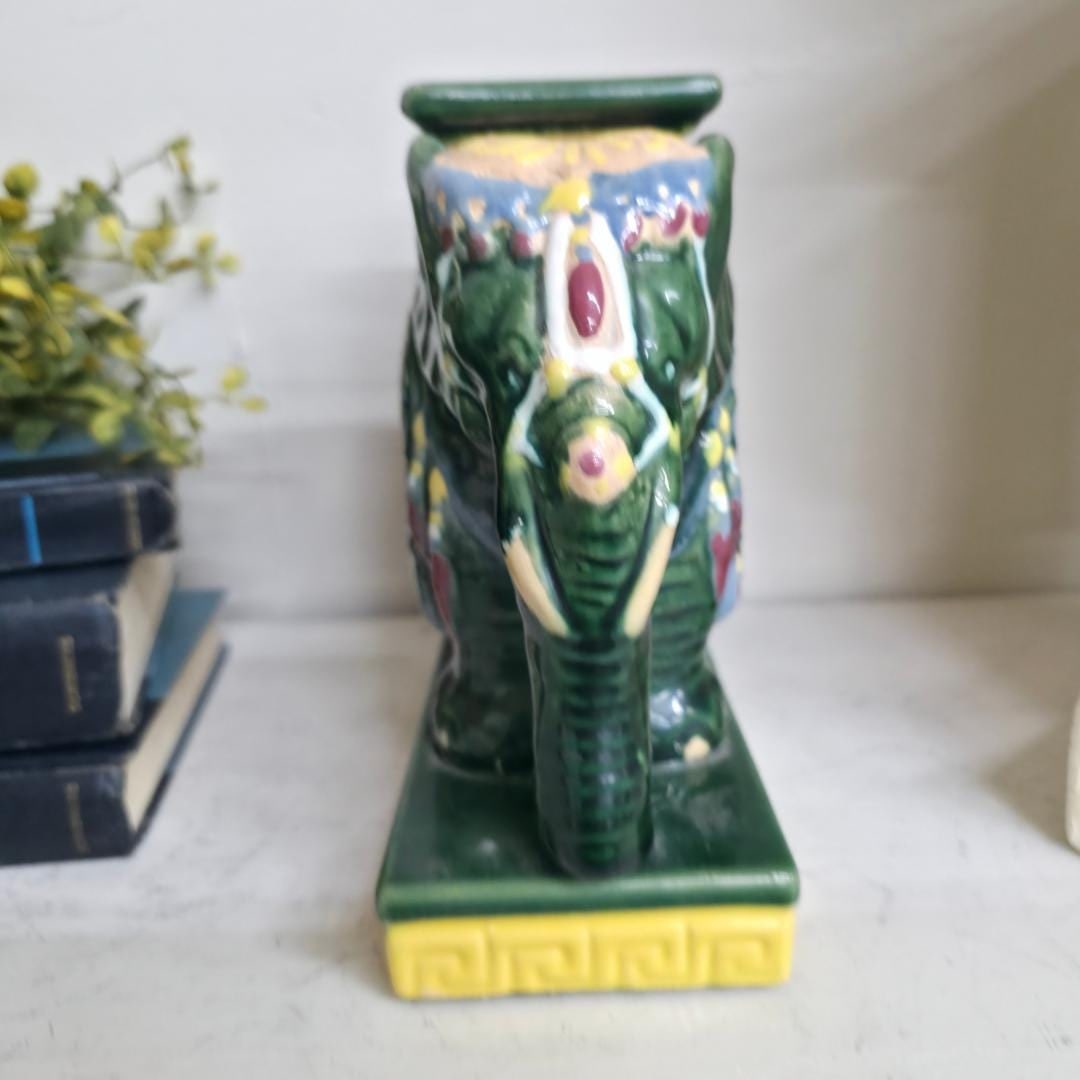 Vintage Chinoiserie Ceramic Elephant Planter Candle Holder, Green Glazed Pottery, Hollywood Regency - 4