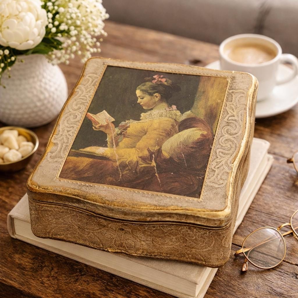 Vintage Gilt Gallery Japan Trinket Box, Old Master Woman Reading Print, Red Velvet Lined Jewelry - 4