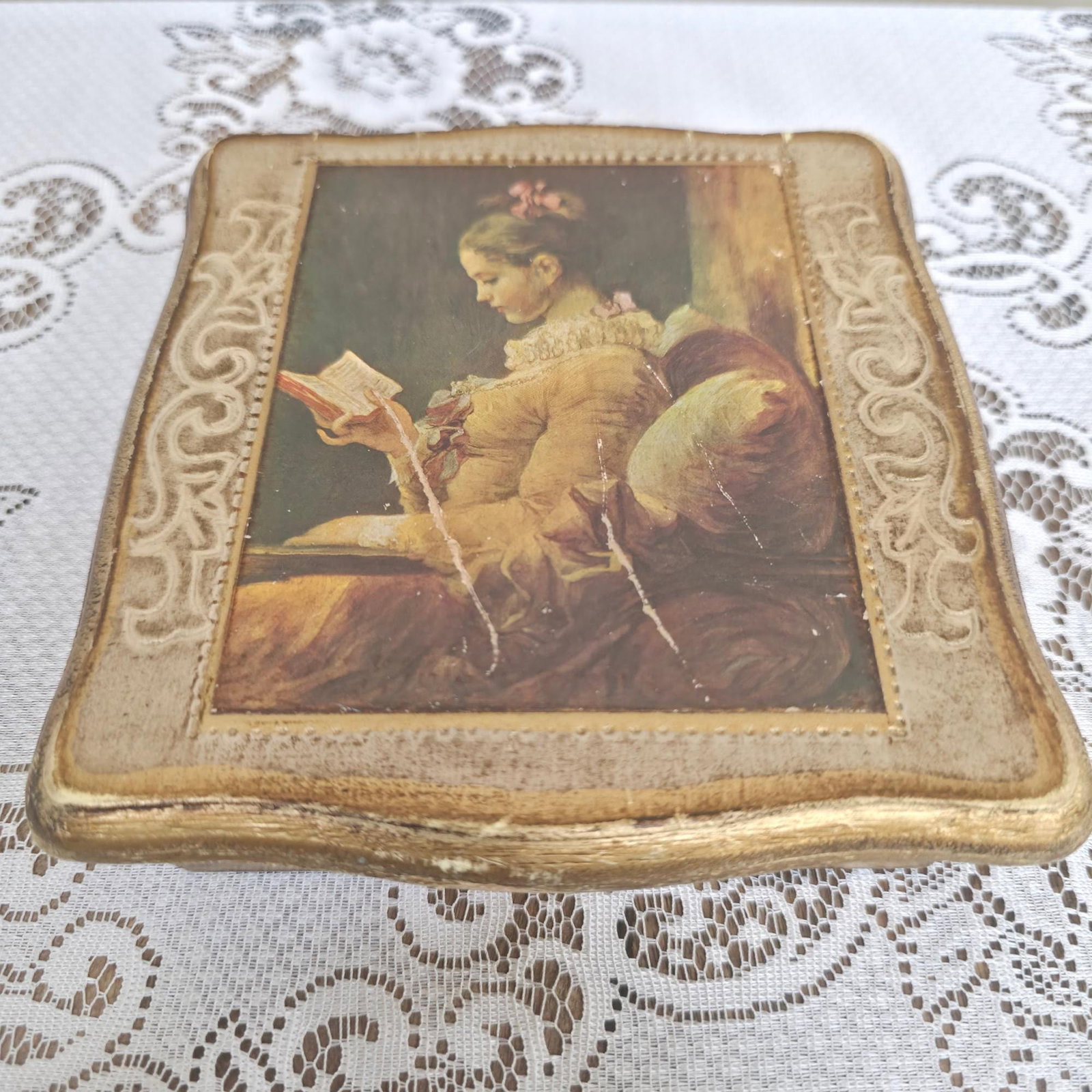Vintage Gilt Gallery Japan Trinket Box, Old Master Woman Reading Print, Red Velvet Lined Jewelry - 5