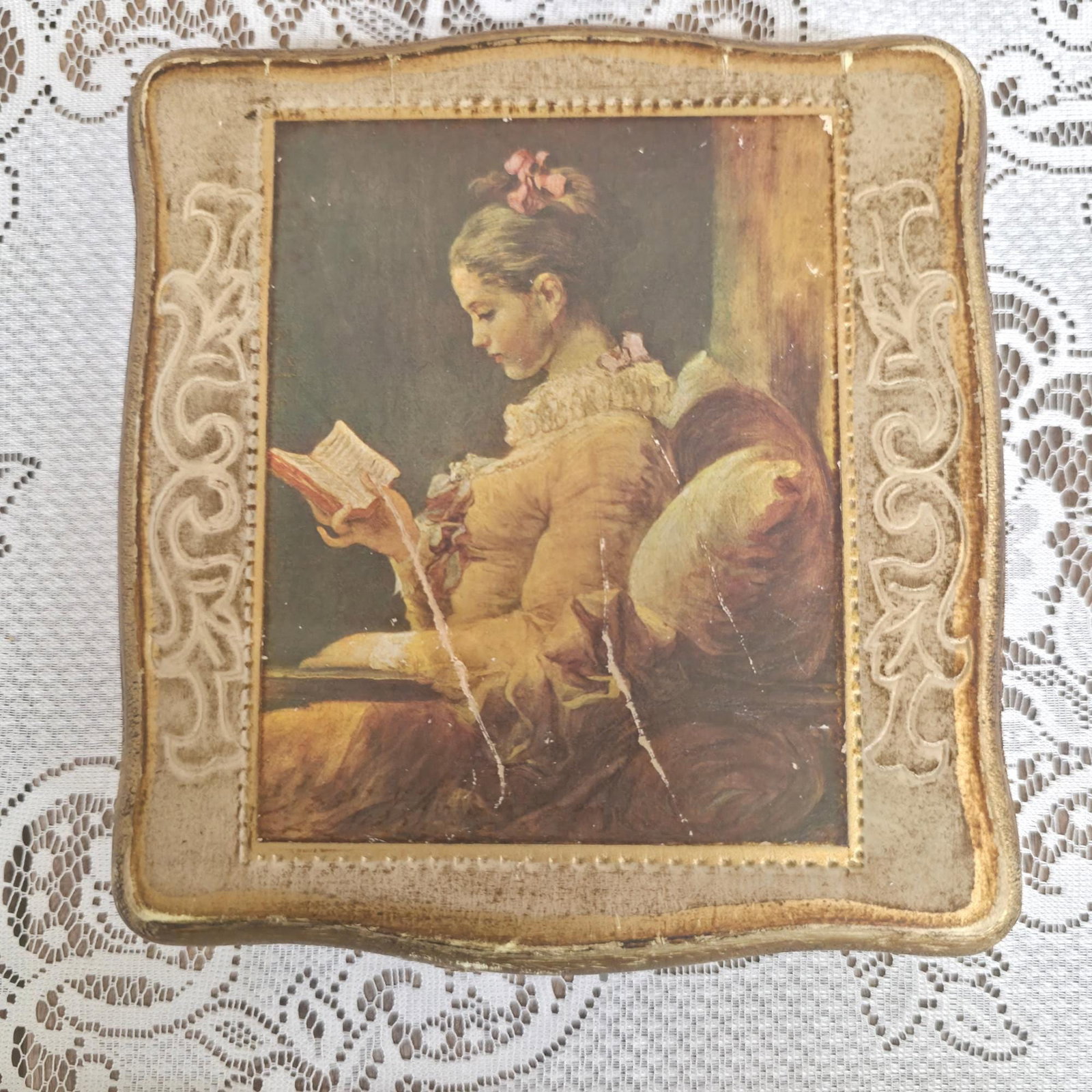Vintage Gilt Gallery Japan Trinket Box, Old Master Woman Reading Print, Red Velvet Lined Jewelry - 7