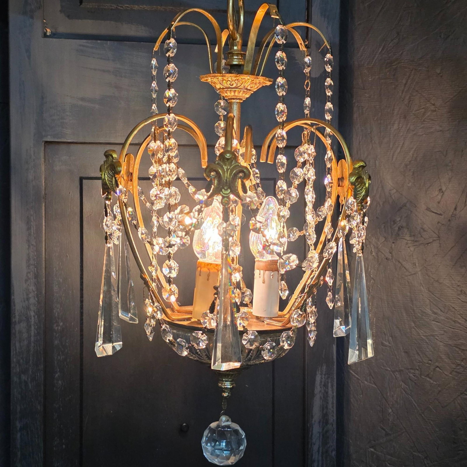 Vintage Brass Crystal Chandelier Petite Hollywood Regency Light Old World Prisms Pendant French - 2